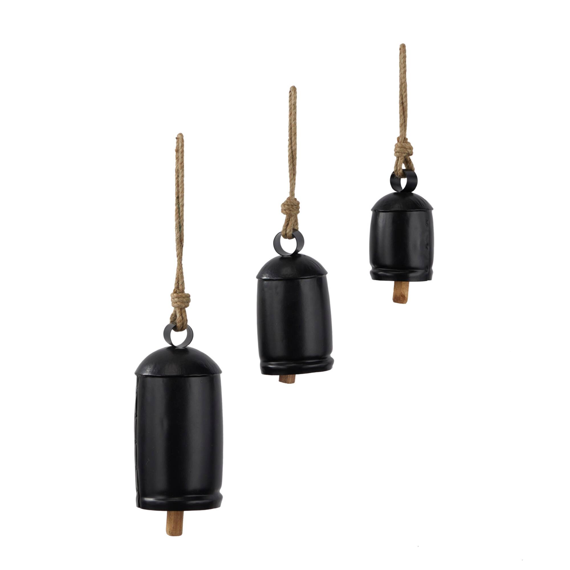 Black Metal Bohemian Decorative Cow Bell, Set of 3" 13", 8", 7"